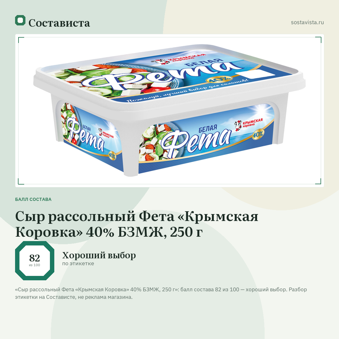 Сыр рассольный Фета «Крымская Коровка» 40% БЗМЖ, 250 г: балл состава 82 из 100 — Состависта