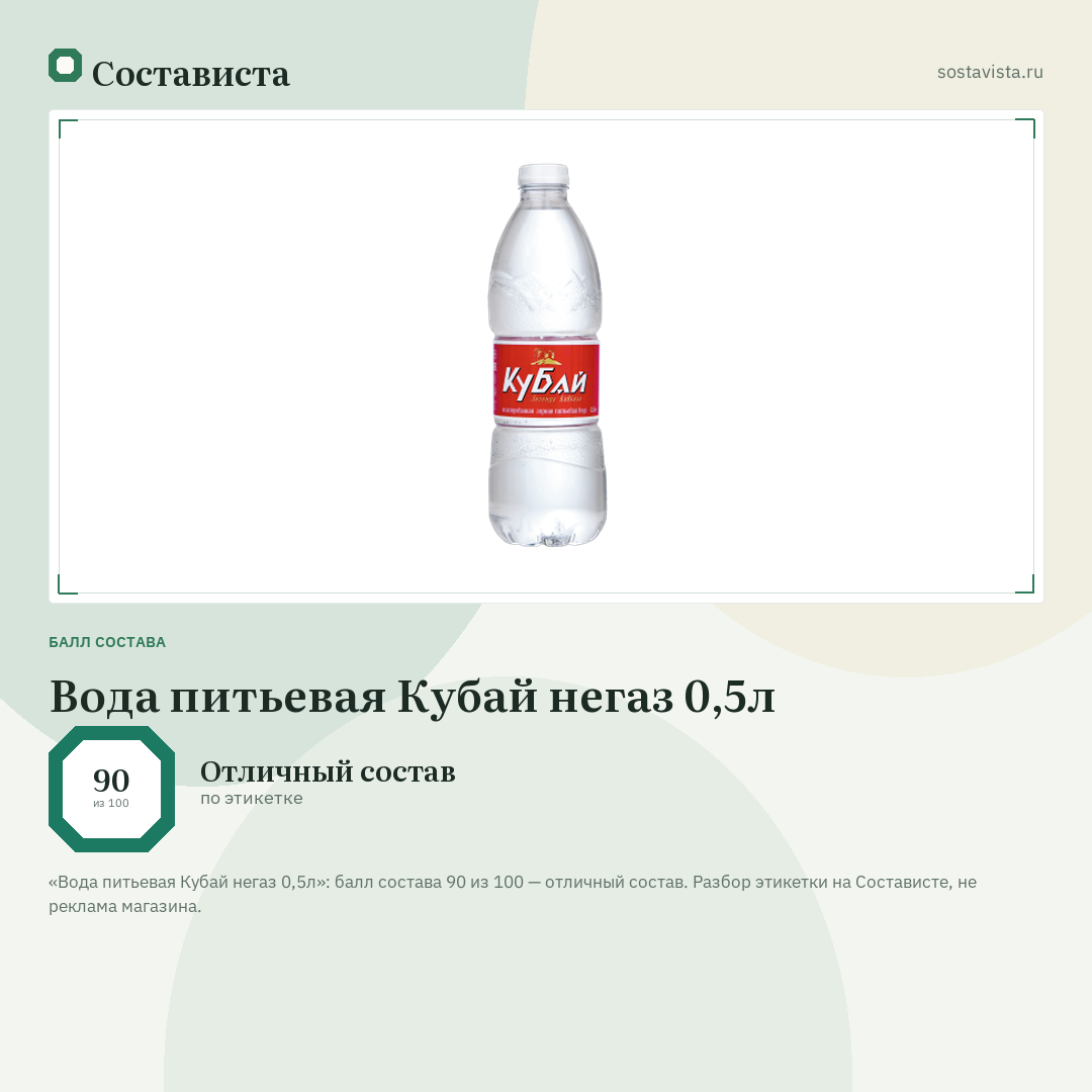 Вода питьевая Кубай негаз 0,5л: балл состава 90 из 100 — Состависта
