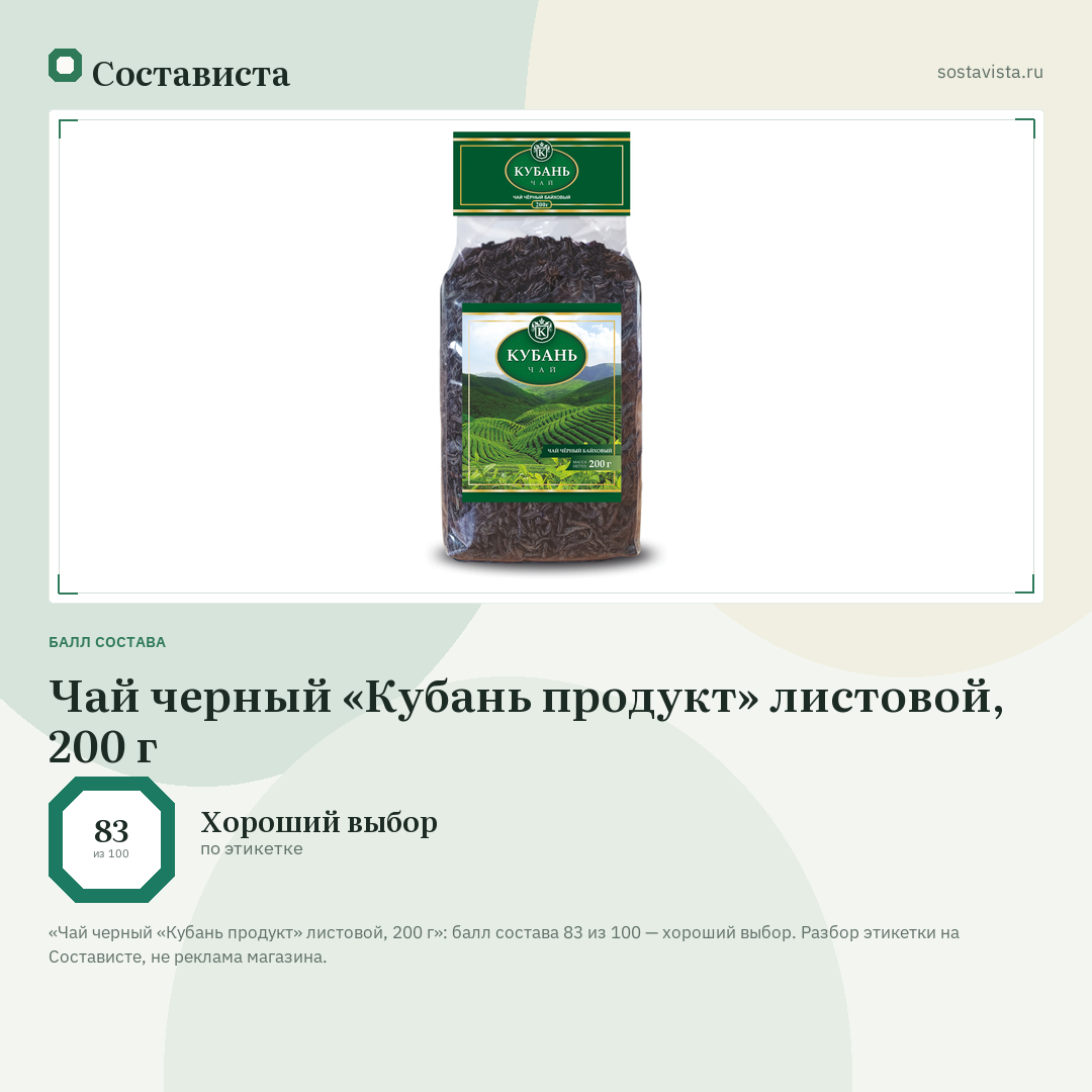 Чай черный «Кубань продукт» листовой, 200 г: балл состава 83 из 100 — Состависта