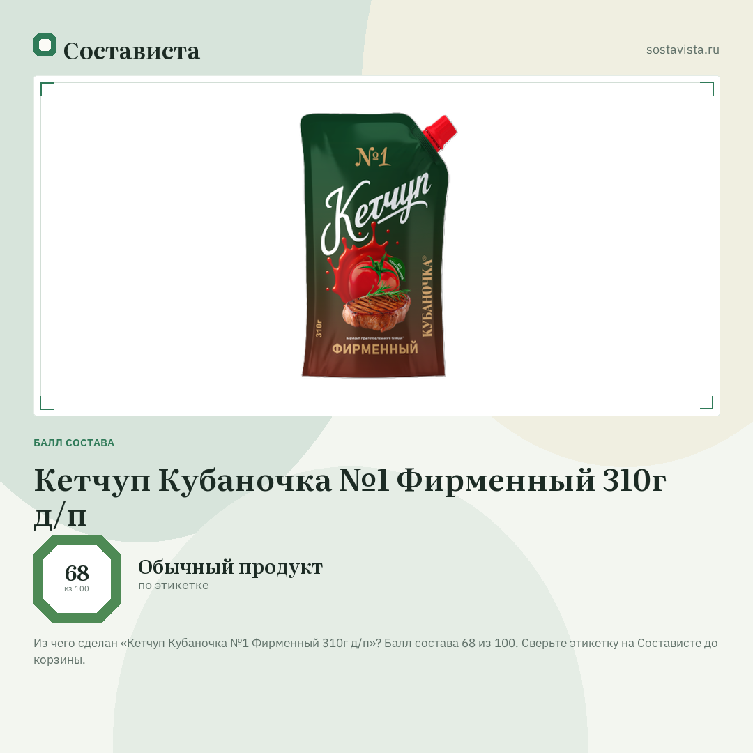 Кетчуп Кубаночка №1 Фирменный 310г д/п: балл состава 68 из 100 — Состависта
