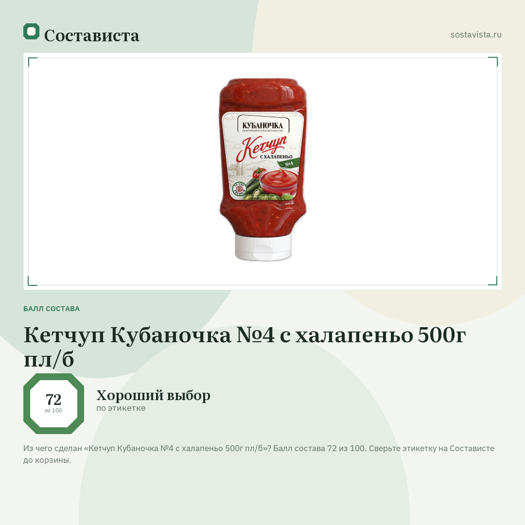 Кетчуп Кубаночка №4 с халапеньо 500г пл/б: балл состава 72 из 100 — Состависта