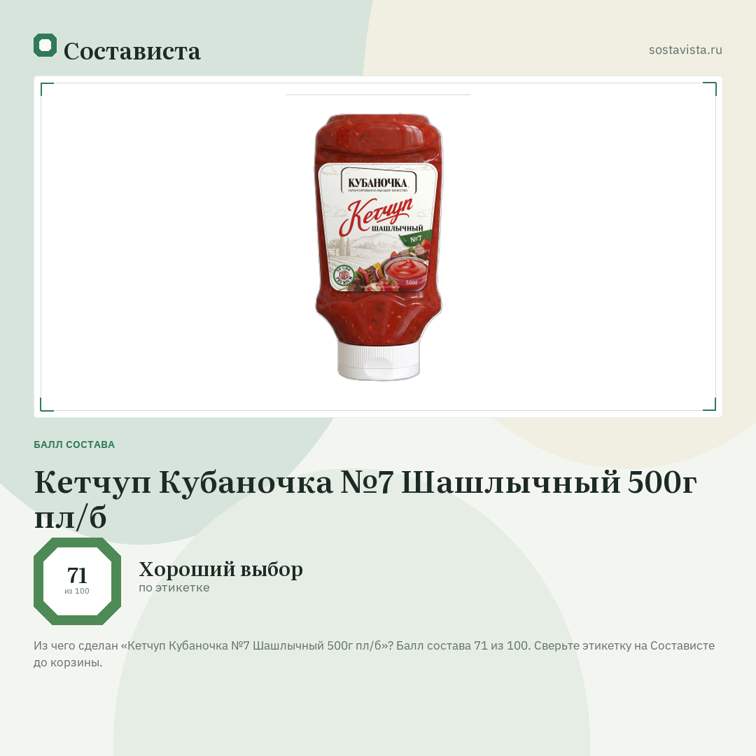 Кетчуп Кубаночка №7 Шашлычный 500г пл/б: балл состава 71 из 100 — Состависта