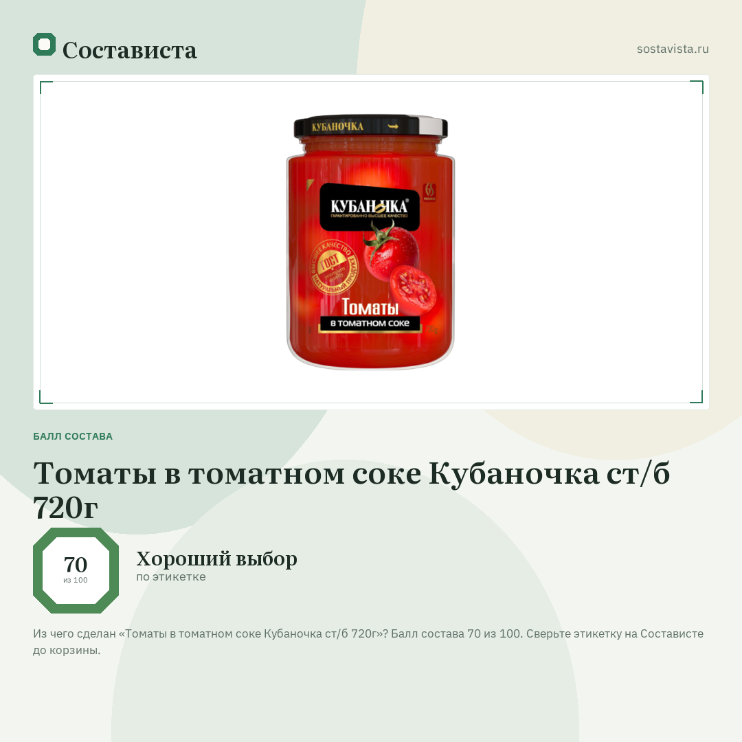 Томаты в томатном соке Кубаночка ст/б 720г: балл состава 70 из 100 — Состависта
