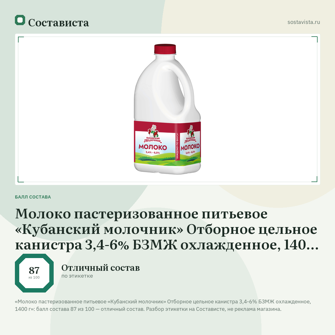 Молоко пастеризованное питьевое «Кубанский молочник» Отборное цельное канистра 3,4-6% БЗМЖ охлажденное, 1400 г: балл состава 87 из 100 — Состависта