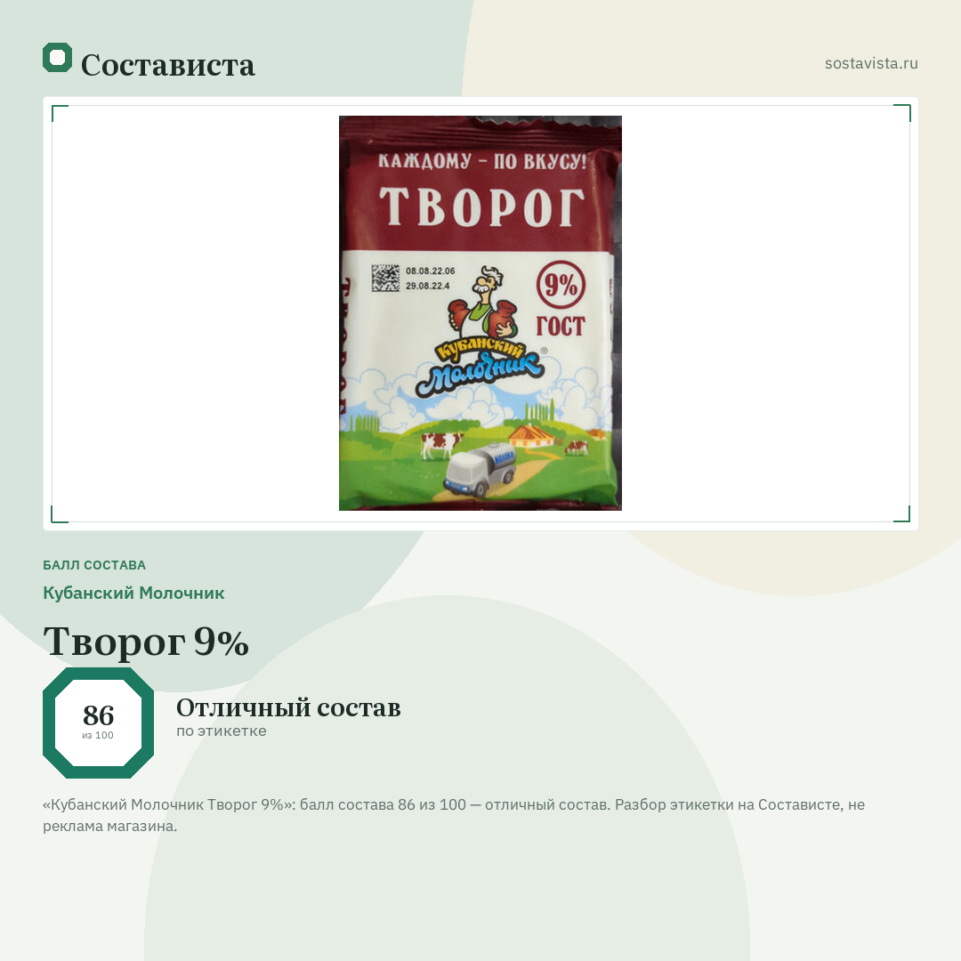 Кубанский Молочник Творог 9%: балл состава 86 из 100 — Состависта