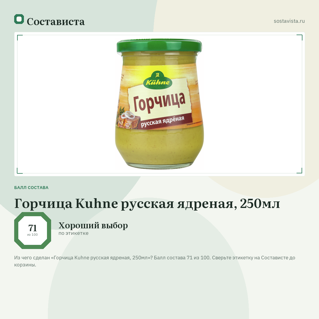 Горчица Kuhne русская ядреная, 250мл: балл состава 71 из 100 — Состависта