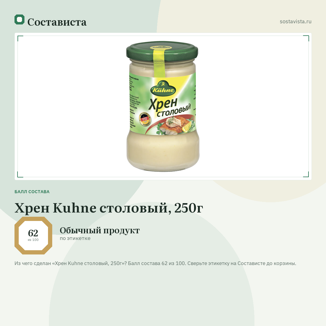 Хрен Kuhne столовый, 250г: балл состава 62 из 100 — Состависта