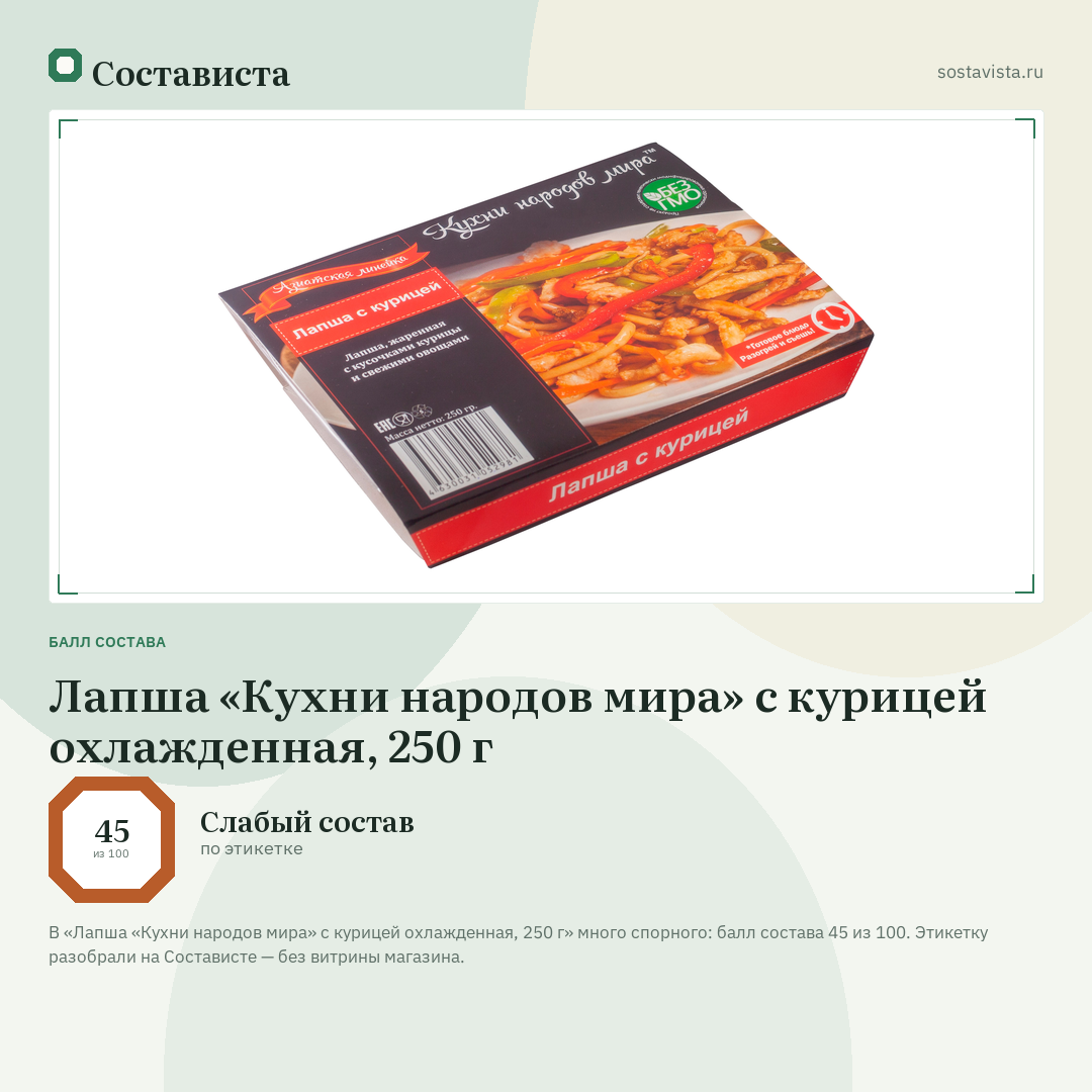 Лапша «Кухни народов мира» с курицей охлажденная, 250 г: балл состава 45 из 100 — Состависта