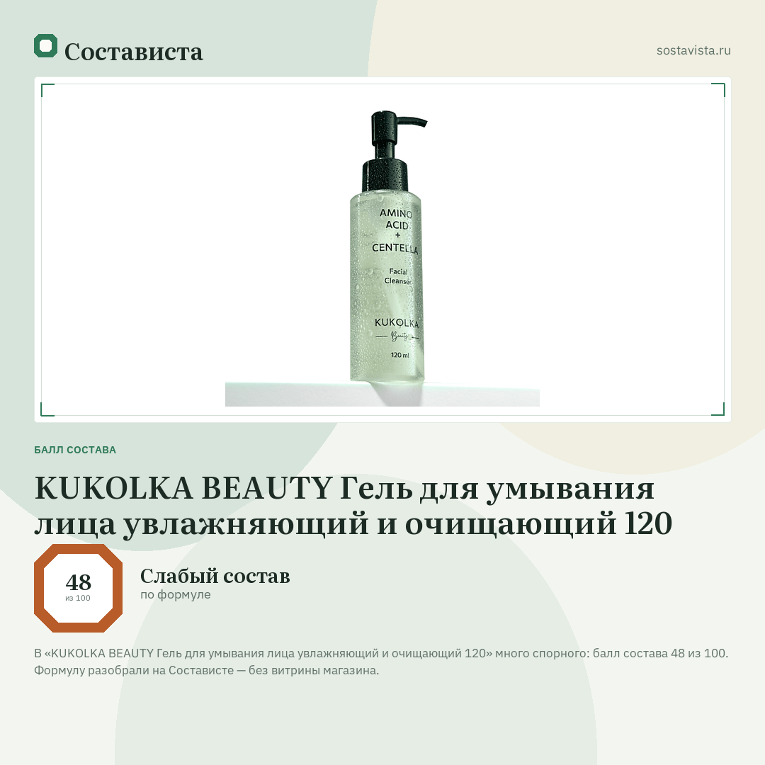 KUKOLKA BEAUTY Гель для умывания лица увлажняющий и очищающий 120: балл состава 48 из 100 — Состависта