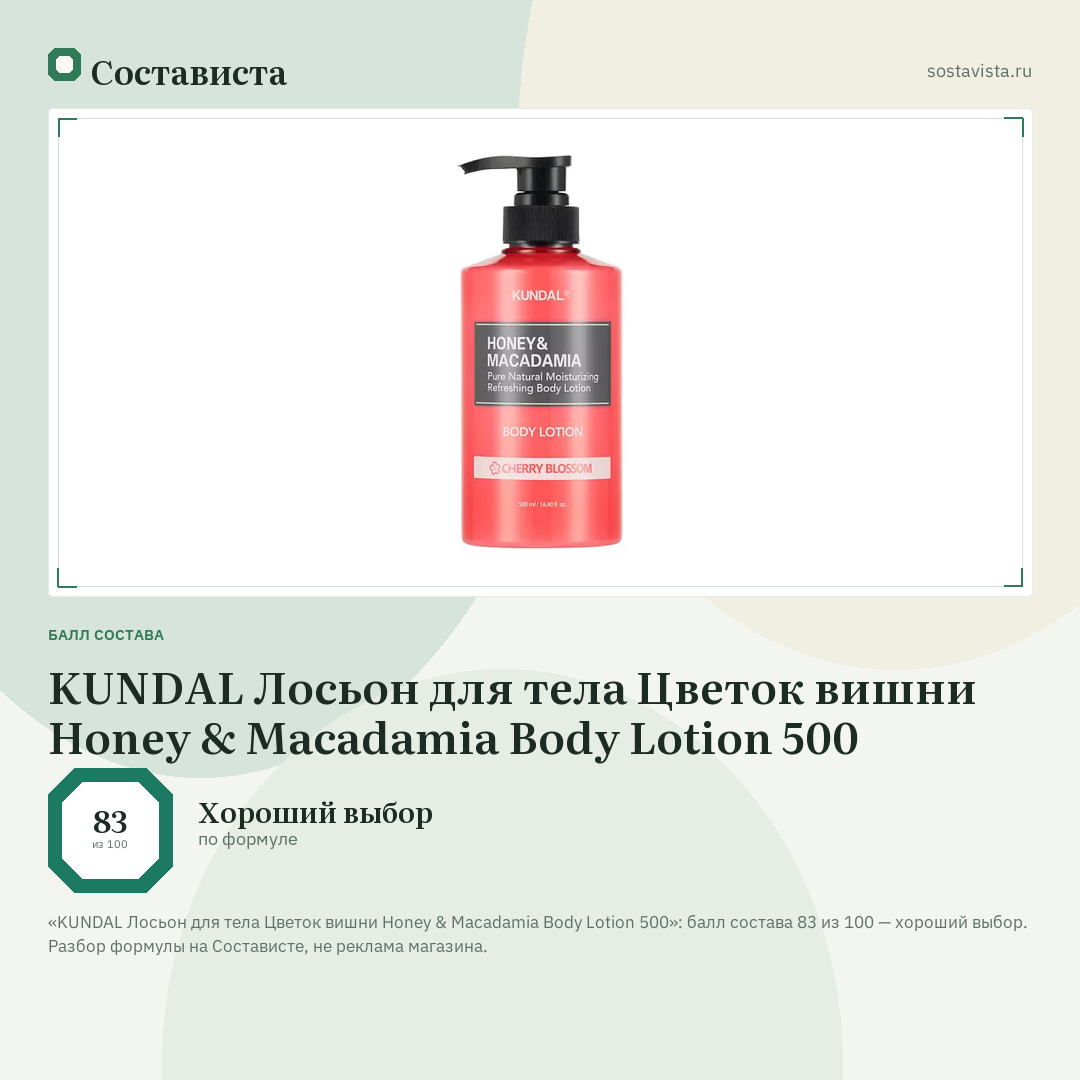KUNDAL Лосьон для тела Цветок вишни Honey & Macadamia Body Lotion 500: балл состава 83 из 100 — Состависта