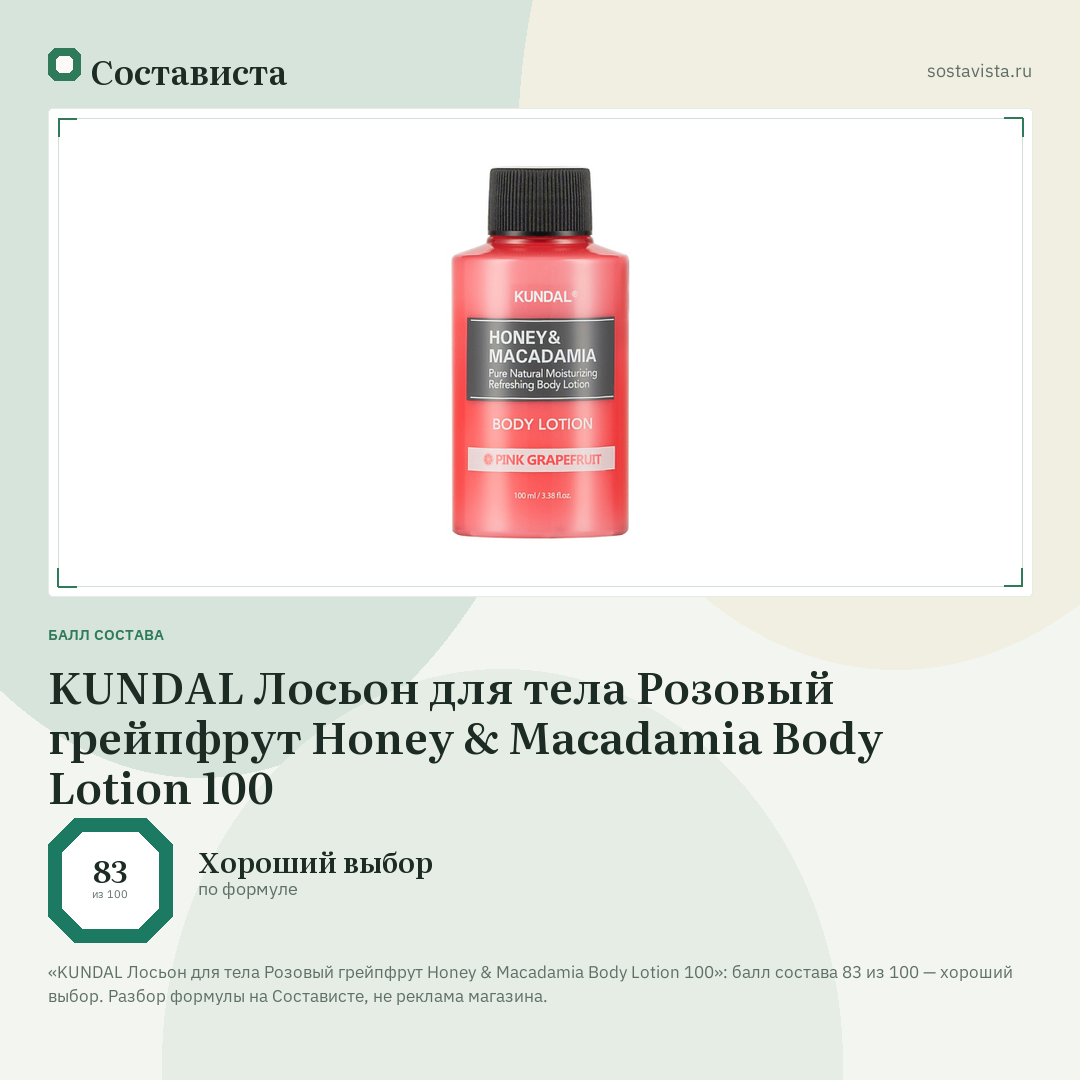 KUNDAL Лосьон для тела Розовый грейпфрут Honey & Macadamia Body Lotion 100: балл состава 83 из 100 — Состависта