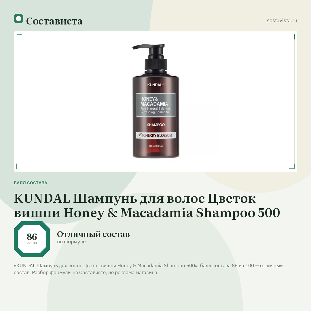 KUNDAL Шампунь для волос Цветок вишни Honey & Macadamia Shampoo 500: балл состава 86 из 100 — Состависта
