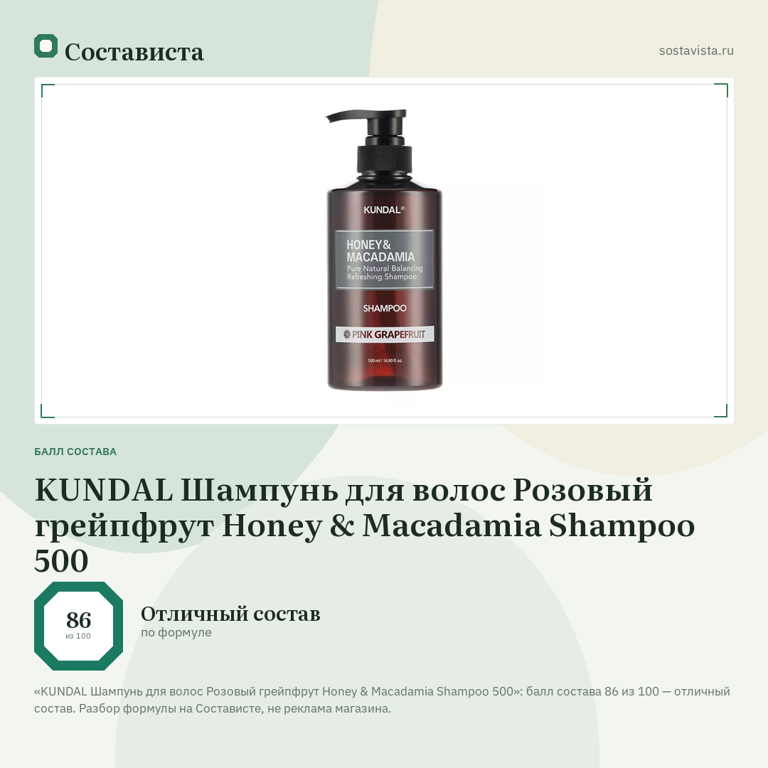 KUNDAL Шампунь для волос Розовый грейпфрут Honey & Macadamia Shampoo 500: балл состава 86 из 100 — Состависта