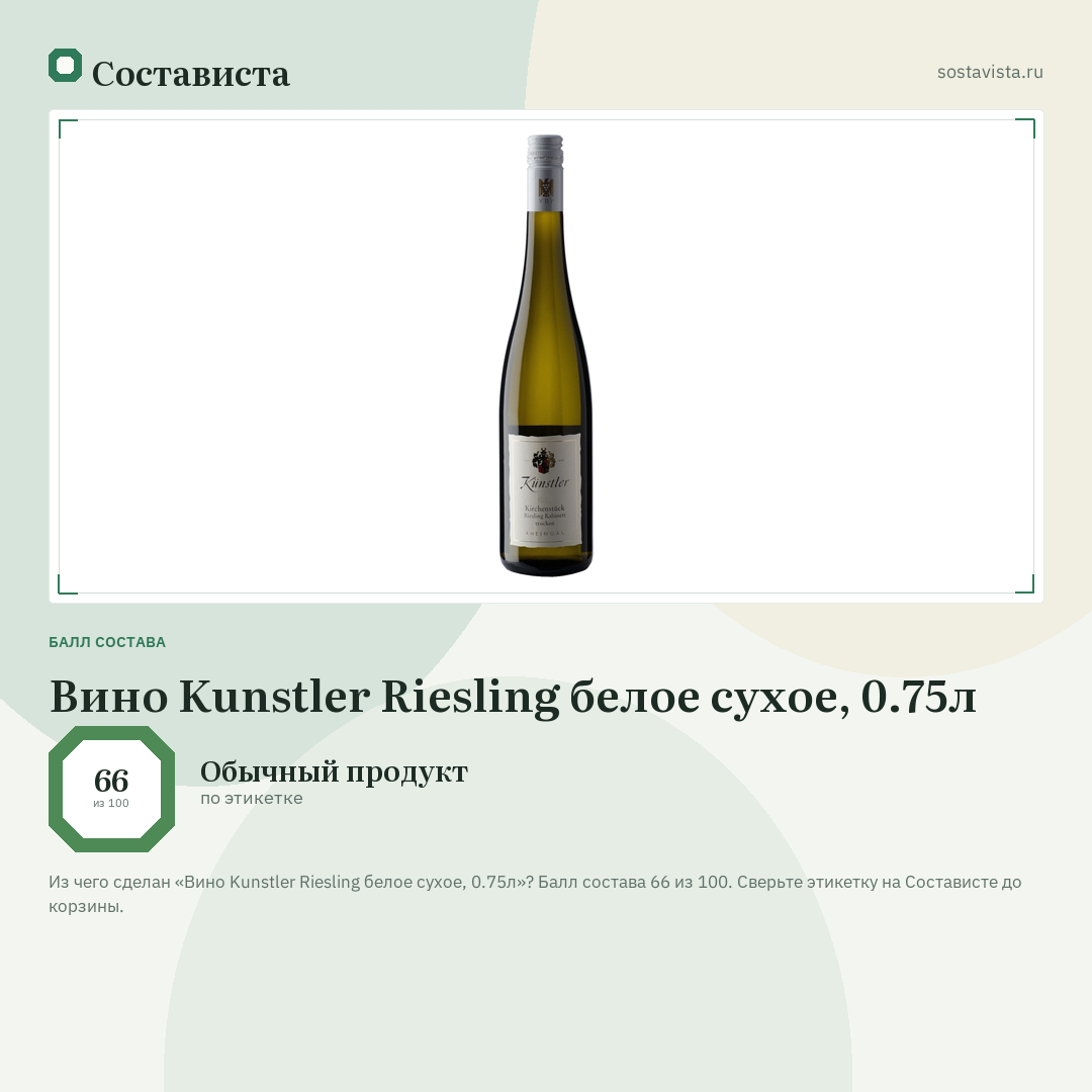 Вино Kunstler Riesling белое сухое, 0.75л: балл состава 66 из 100 — Состависта