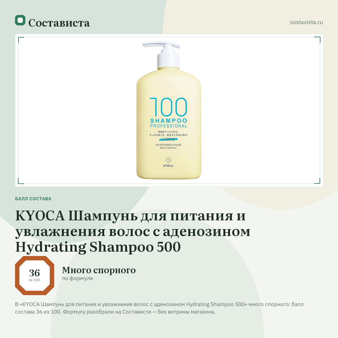 KYOCA Шампунь для питания и увлажнения волос с аденозином Hydrating Shampoo 500: балл состава 36 из 100 — Состависта