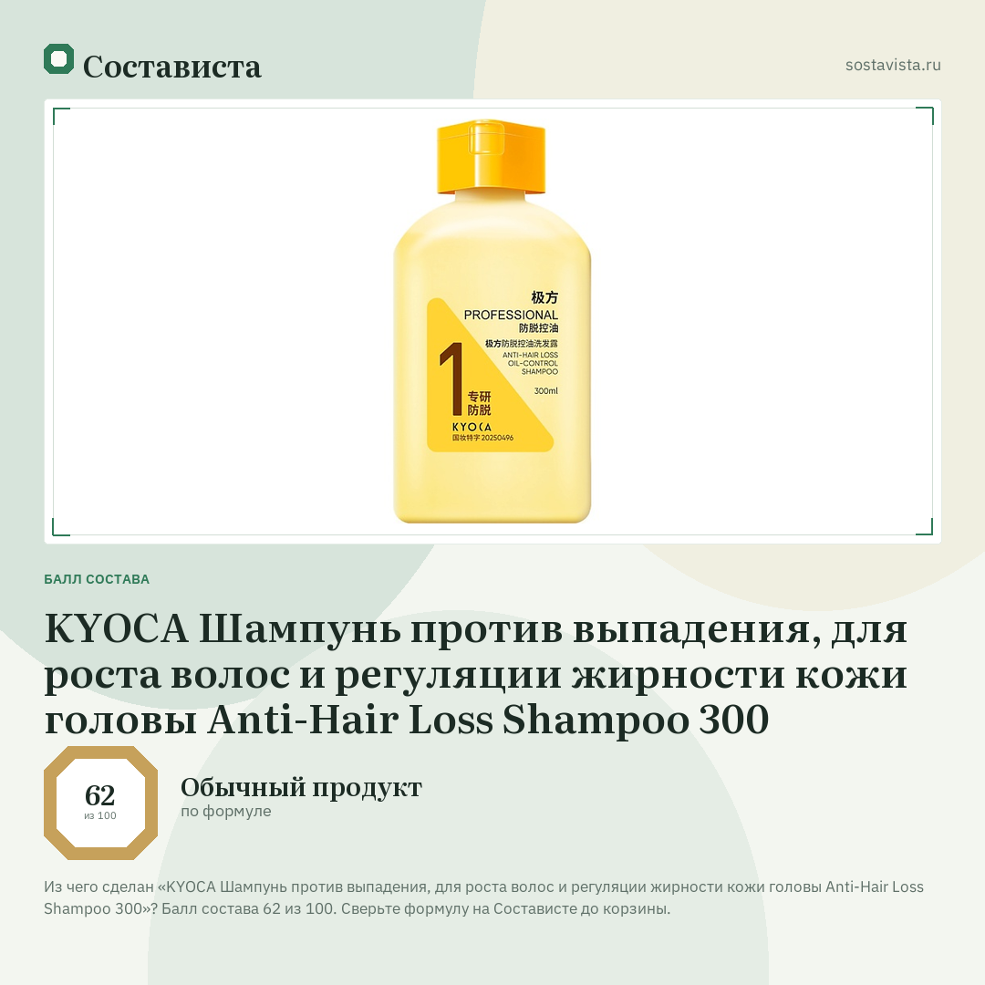 KYOCA Шампунь против выпадения, для роста волос и регуляции жирности кожи головы Anti-Hair Loss Shampoo 300: балл состава 62 из 100 — Состависта