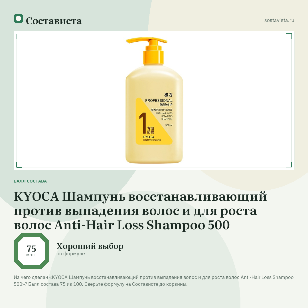 KYOCA Шампунь восстанавливающий против выпадения волос и для роста волос Anti-Hair Loss Shampoo 500: балл состава 75 из 100 — Состависта