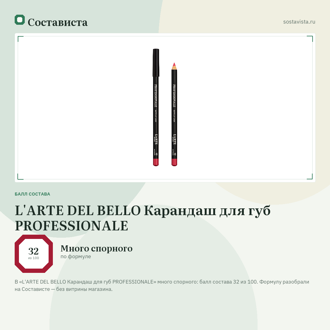 L'ARTE DEL BELLO Карандаш для губ PROFESSIONALE: балл состава 32 из 100 — Состависта