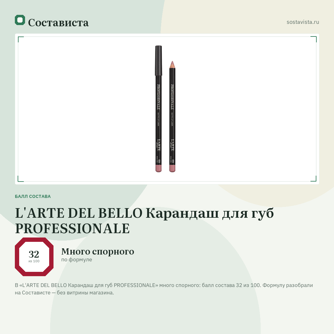 L'ARTE DEL BELLO Карандаш для губ PROFESSIONALE: балл состава 32 из 100 — Состависта
