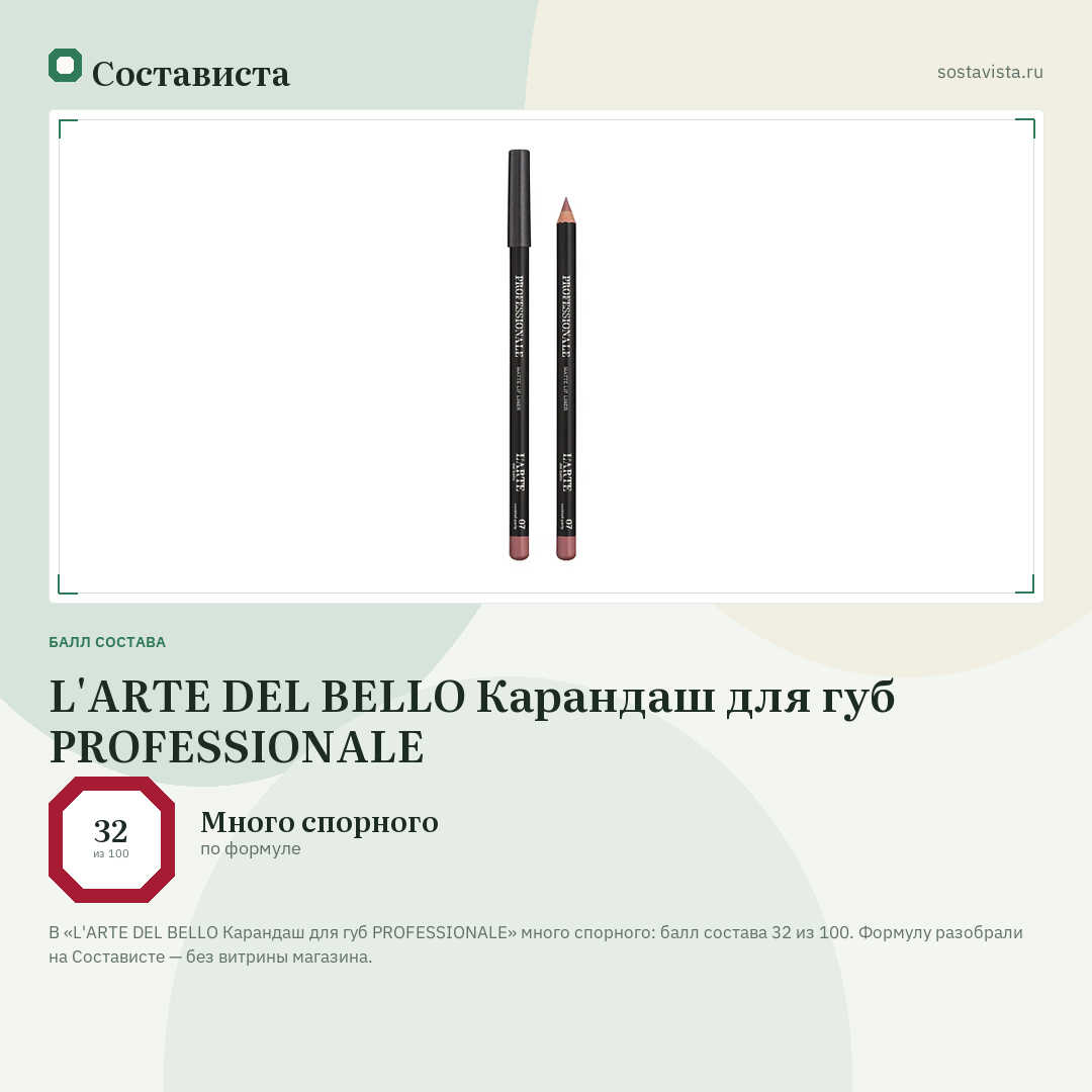 L'ARTE DEL BELLO Карандаш для губ PROFESSIONALE: балл состава 32 из 100 — Состависта