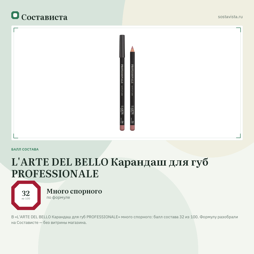 L'ARTE DEL BELLO Карандаш для губ PROFESSIONALE: балл состава 32 из 100 — Состависта