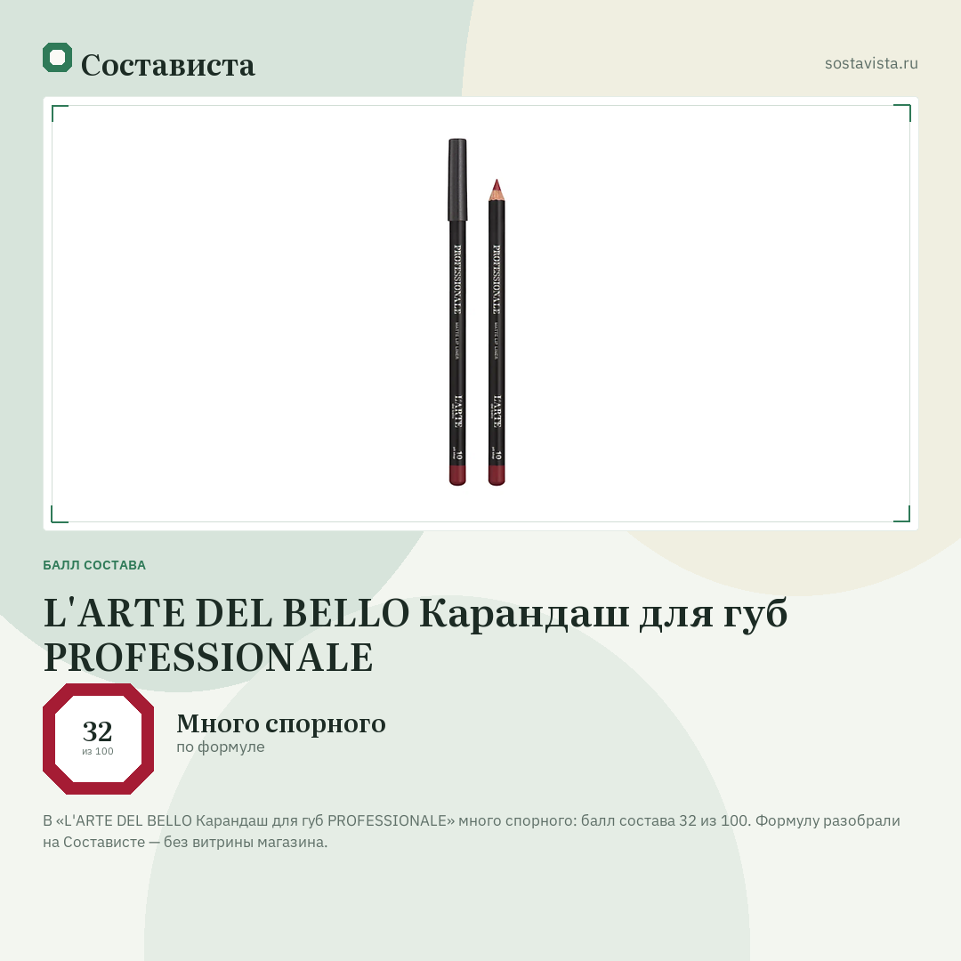 L'ARTE DEL BELLO Карандаш для губ PROFESSIONALE: балл состава 32 из 100 — Состависта