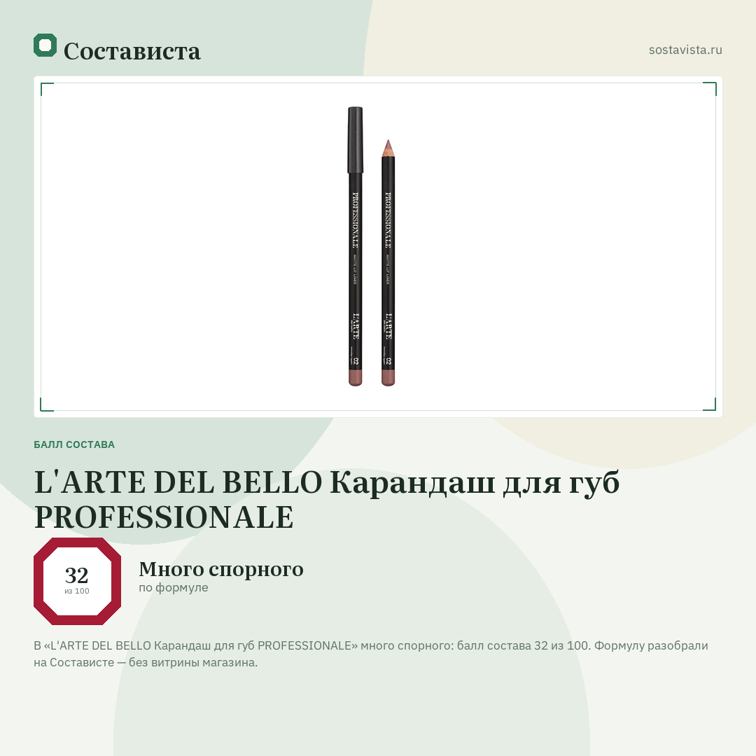 L'ARTE DEL BELLO Карандаш для губ PROFESSIONALE: балл состава 32 из 100 — Состависта