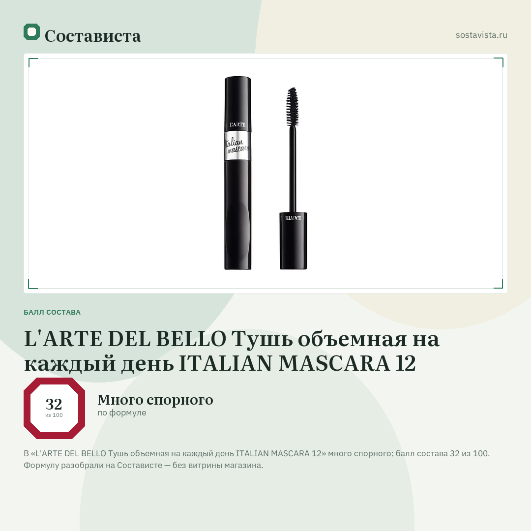 L'ARTE DEL BELLO Тушь объемная на каждый день ITALIAN MASCARA 12: балл состава 32 из 100 — Состависта