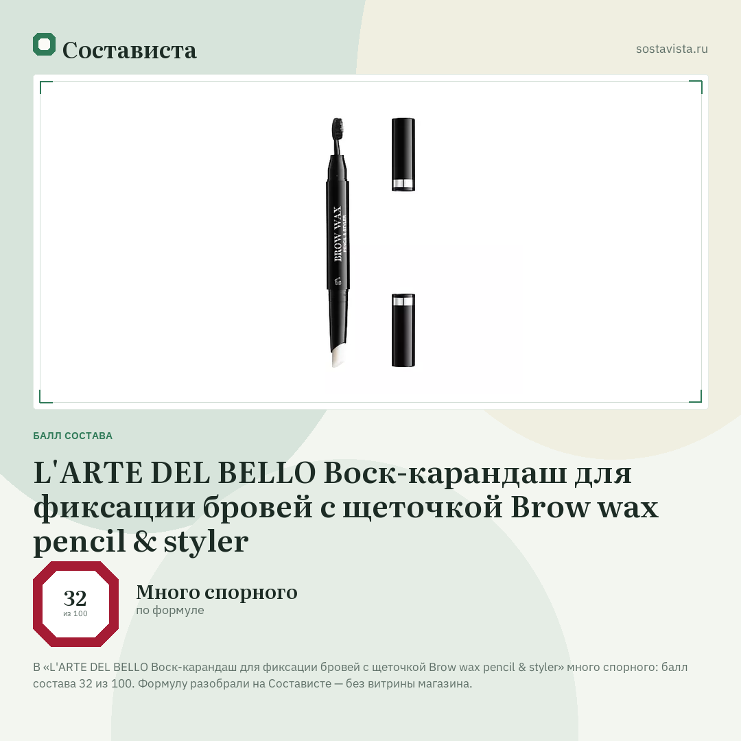 L'ARTE DEL BELLO Воск-карандаш для фиксации бровей с щеточкой Brow wax pencil & styler: балл состава 32 из 100 — Состависта