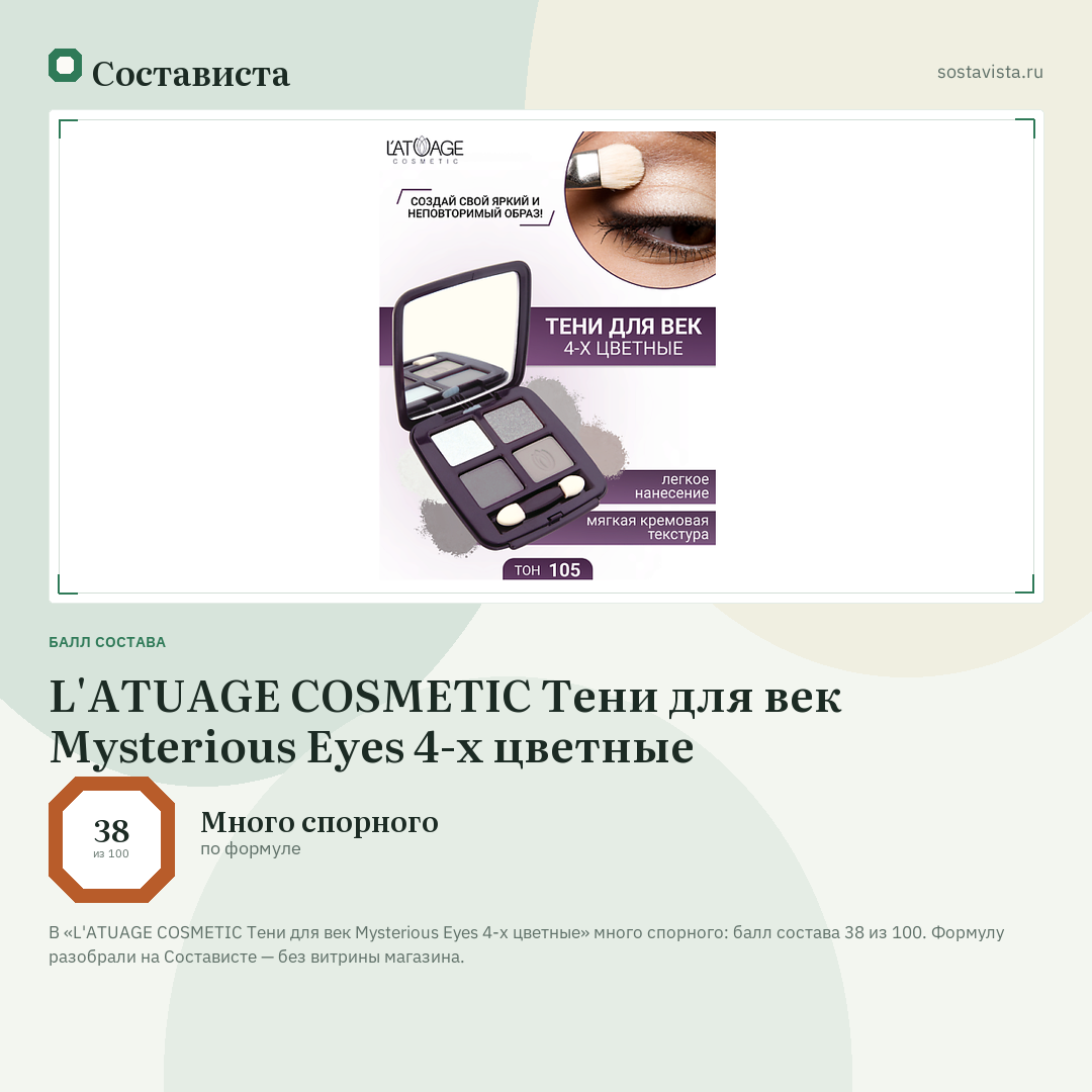 L'ATUAGE COSMETIC Тени для век Mysterious Eyes 4-х цветные: балл состава 38 из 100 — Состависта