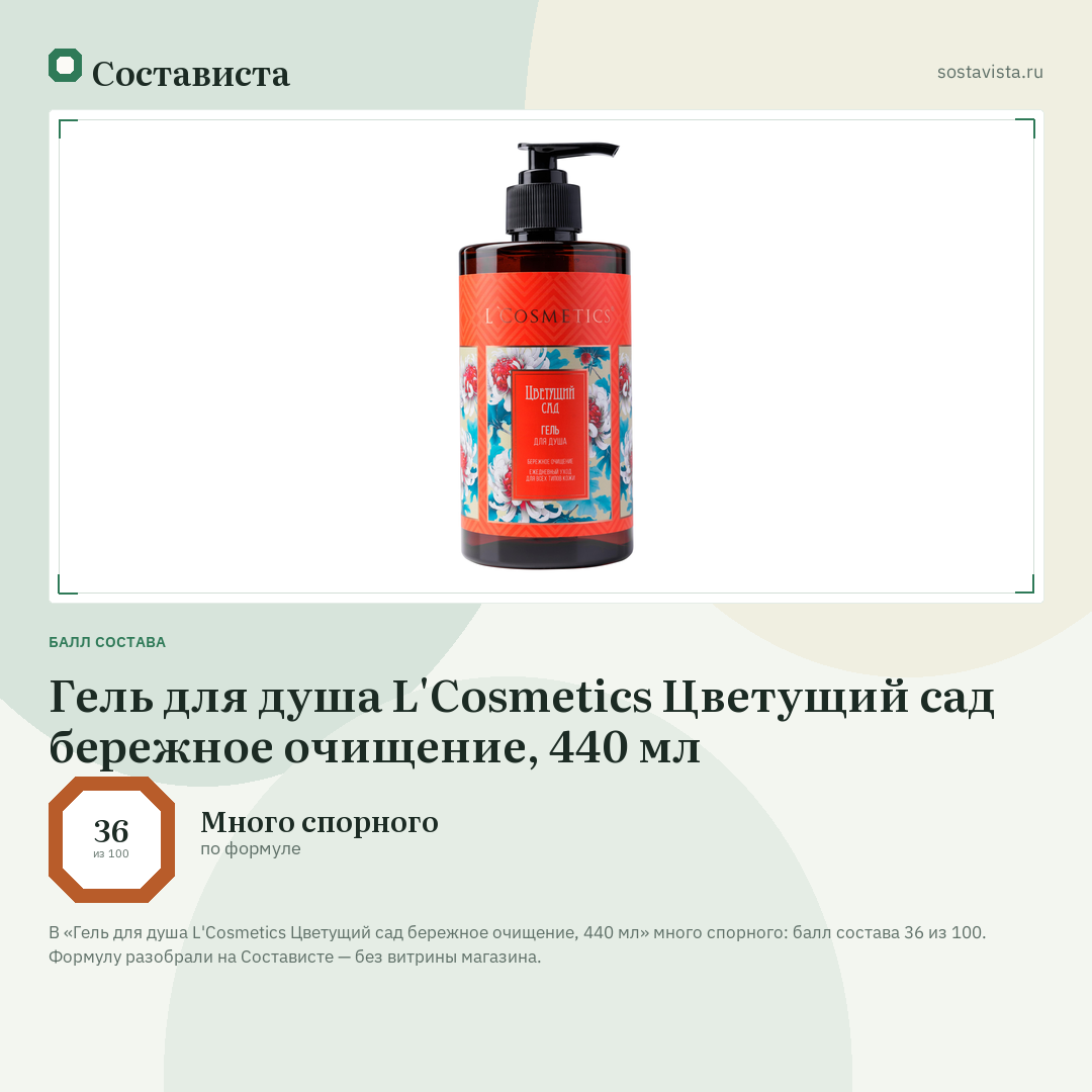 Гель для душа L'Cosmetics Цветущий сад бережное очищение, 440 мл: балл состава 36 из 100 — Состависта