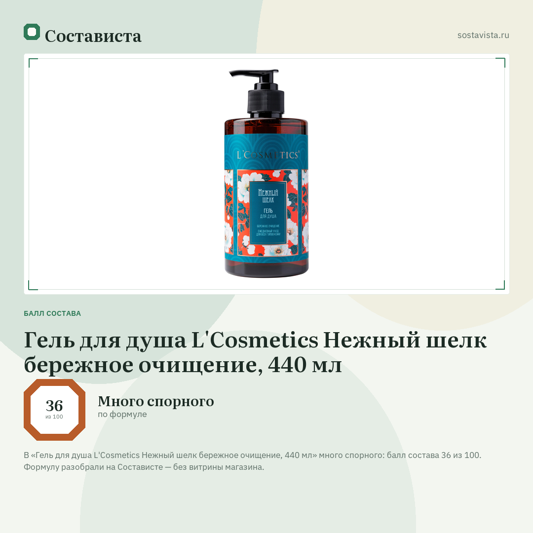 Гель для душа L'Cosmetics Нежный шелк бережное очищение, 440 мл: балл состава 36 из 100 — Состависта