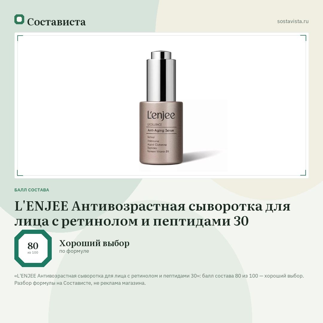 L'ENJEE Антивозрастная сыворотка для лица с ретинолом и пептидами 30: балл состава 80 из 100 — Состависта