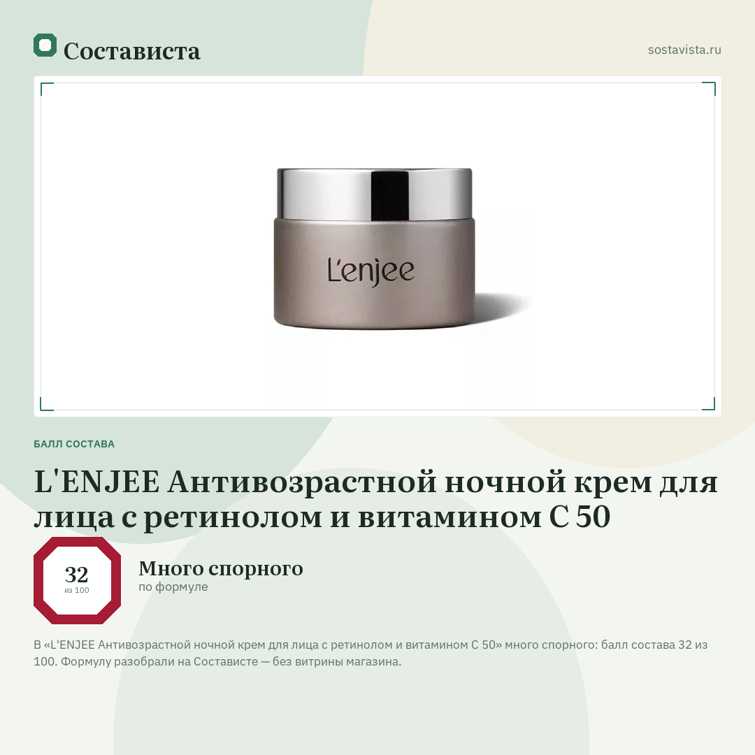 L'ENJEE Антивозрастной ночной крем для лица с ретинолом и витамином C 50: балл состава 32 из 100 — Состависта