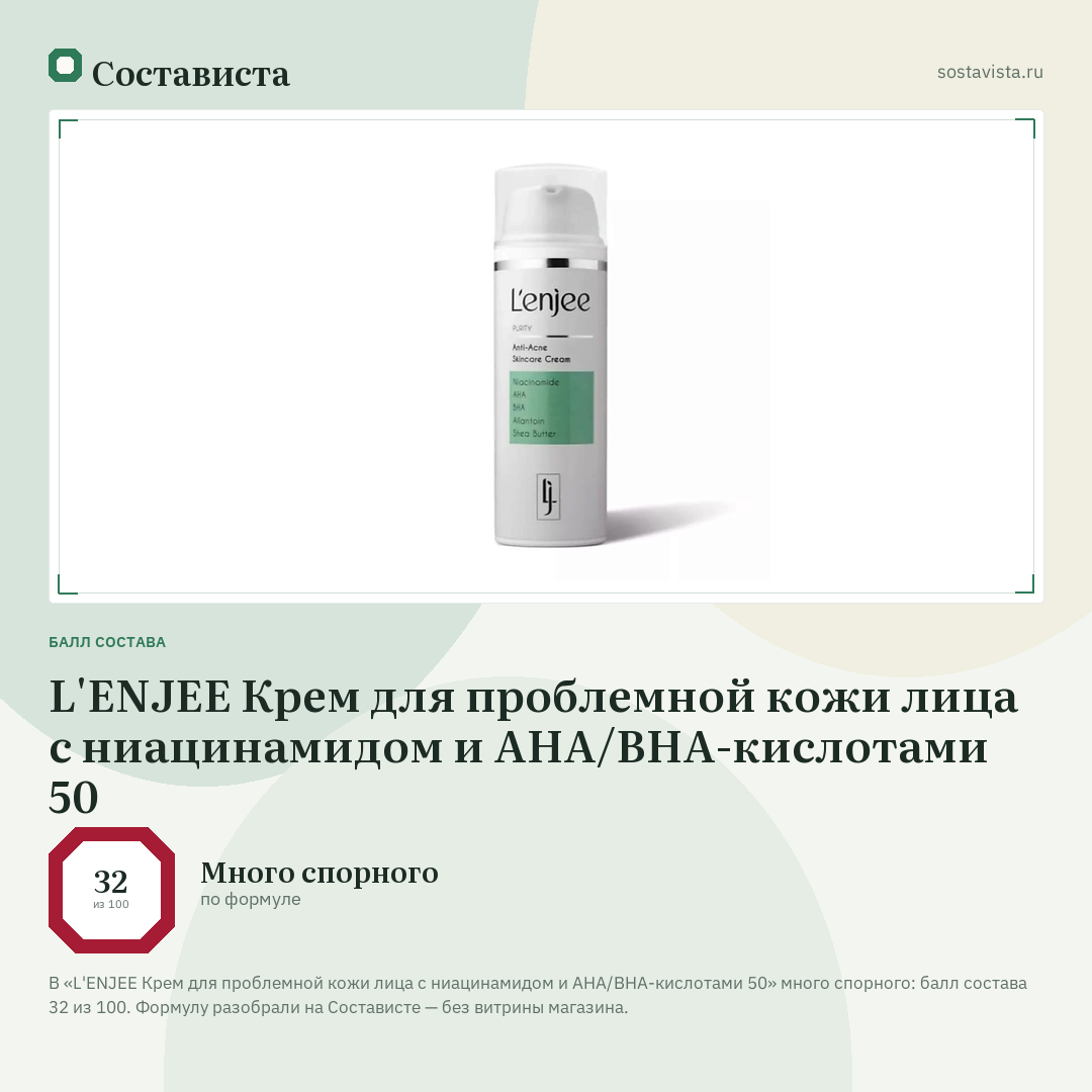 L'ENJEE Крем для проблемной кожи лица с ниацинамидом и AHA/BHA-кислотами 50: балл состава 32 из 100 — Состависта