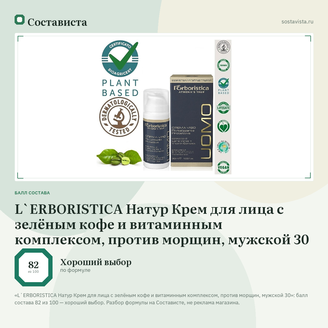 L`ERBORISTICA Натур Крем для лица с зелёным кофе и витаминным комплексом, против морщин, мужской 30: балл состава 82 из 100 — Состависта