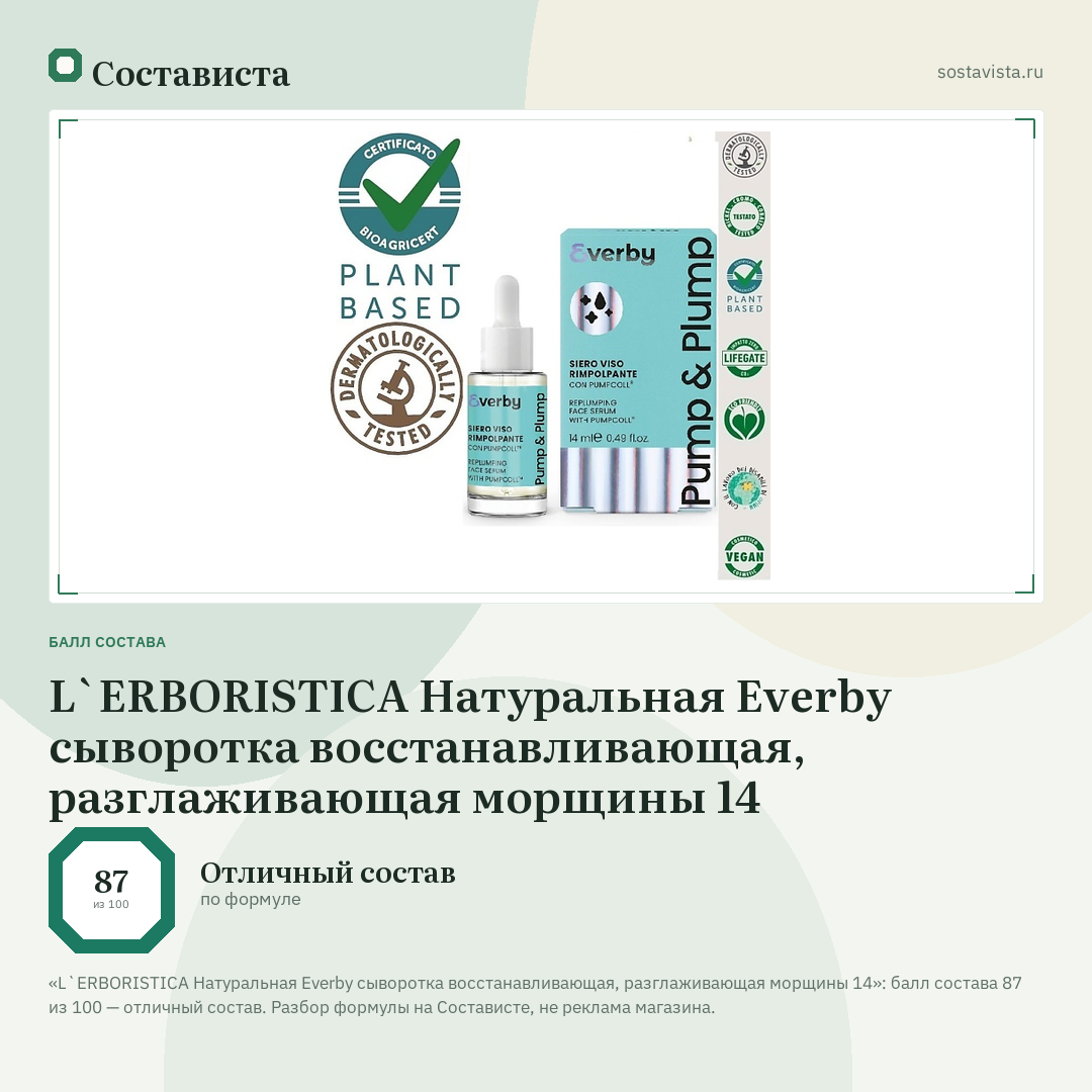 L`ERBORISTICA Натуральная Everby сыворотка восстанавливающая, разглаживающая морщины 14: балл состава 87 из 100 — Состависта
