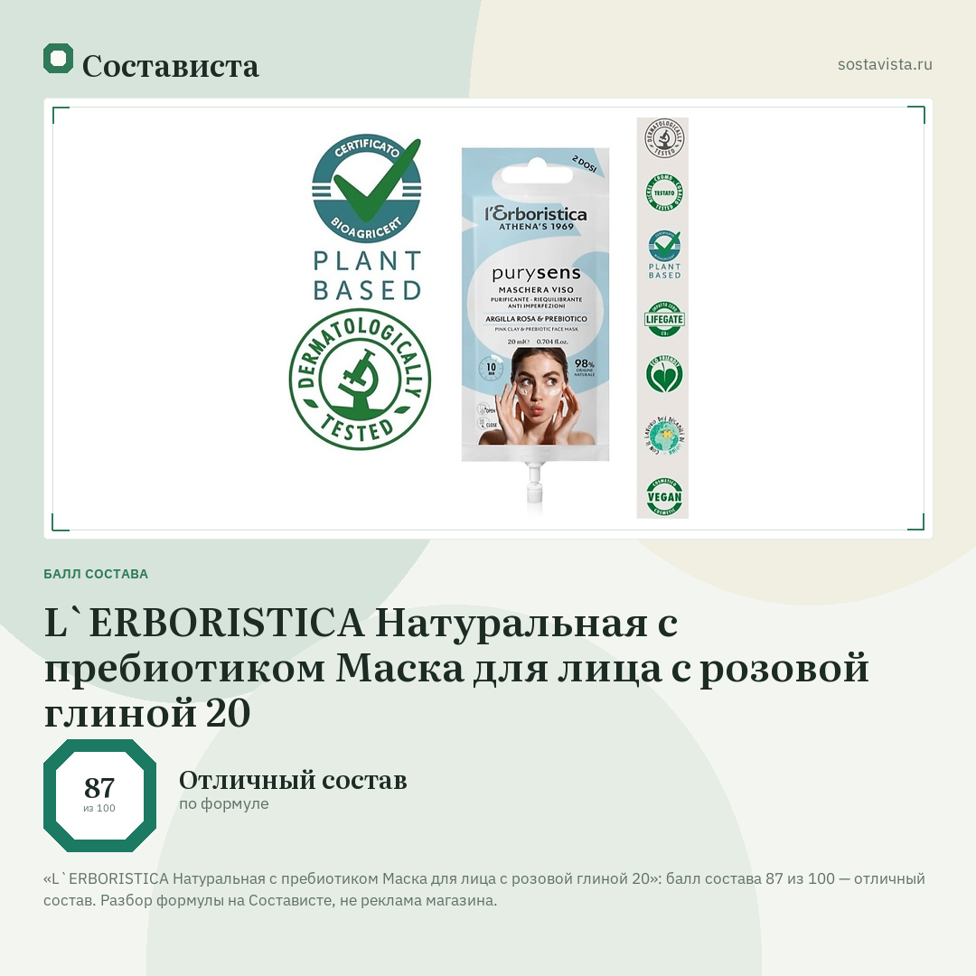 L`ERBORISTICA Натуральная с пребиотиком Маска для лица с розовой глиной 20: балл состава 87 из 100 — Состависта