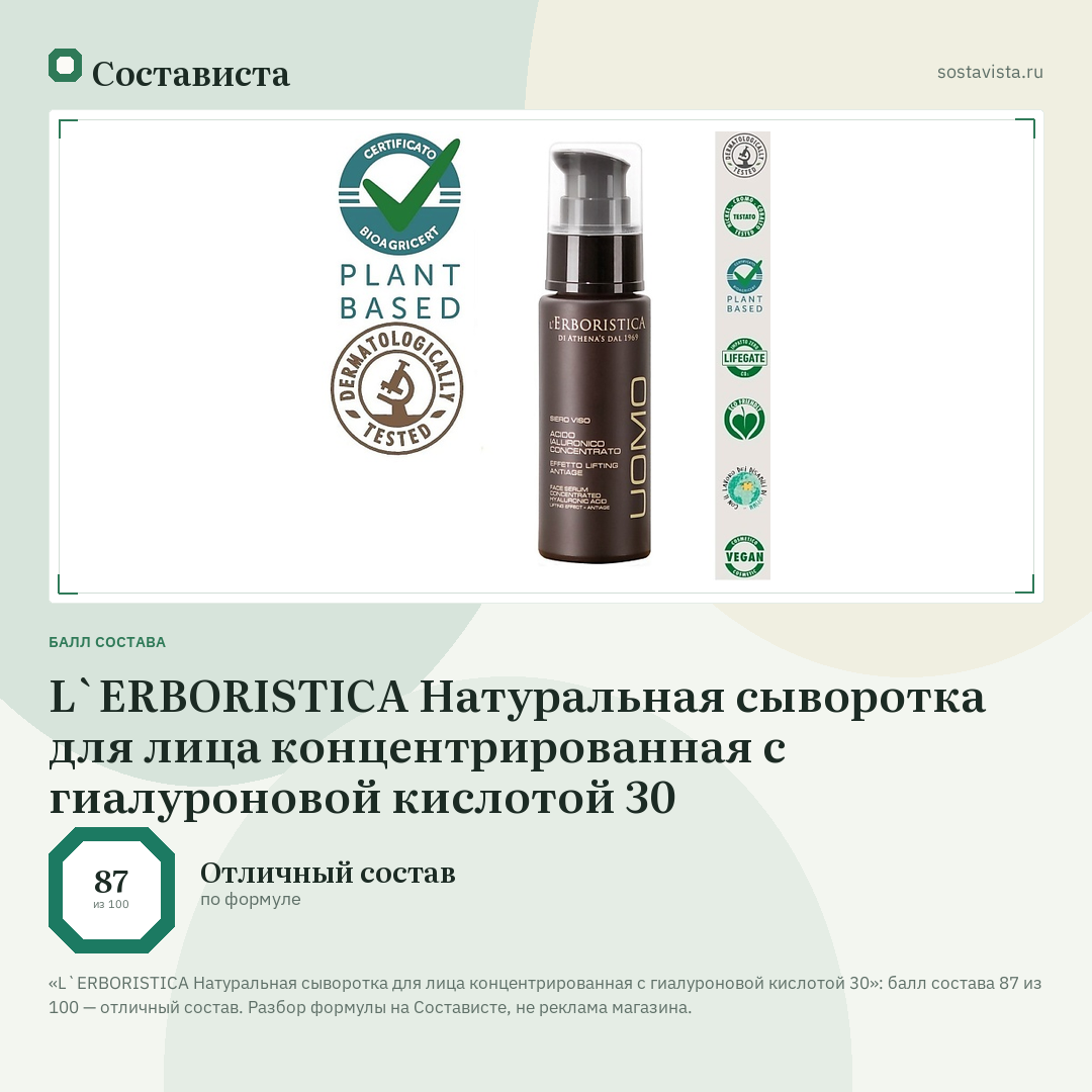 L`ERBORISTICA Натуральная сыворотка для лица концентрированная с гиалуроновой кислотой 30: балл состава 87 из 100 — Состависта