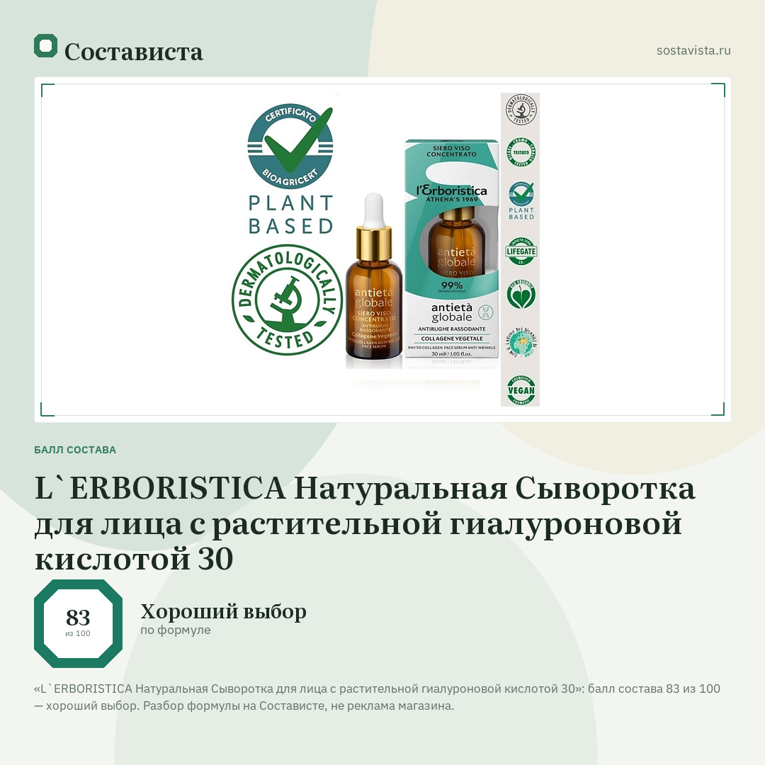 L`ERBORISTICA Натуральная Сыворотка для лица с растительной гиалуроновой кислотой 30: балл состава 83 из 100 — Состависта