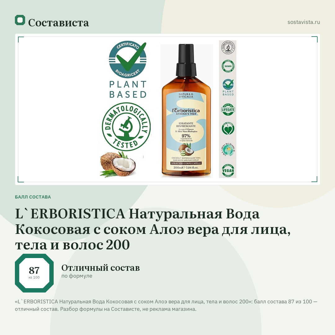 L`ERBORISTICA Натуральная Вода Кокосовая с соком Алоэ вера для лица, тела и волос 200: балл состава 87 из 100 — Состависта