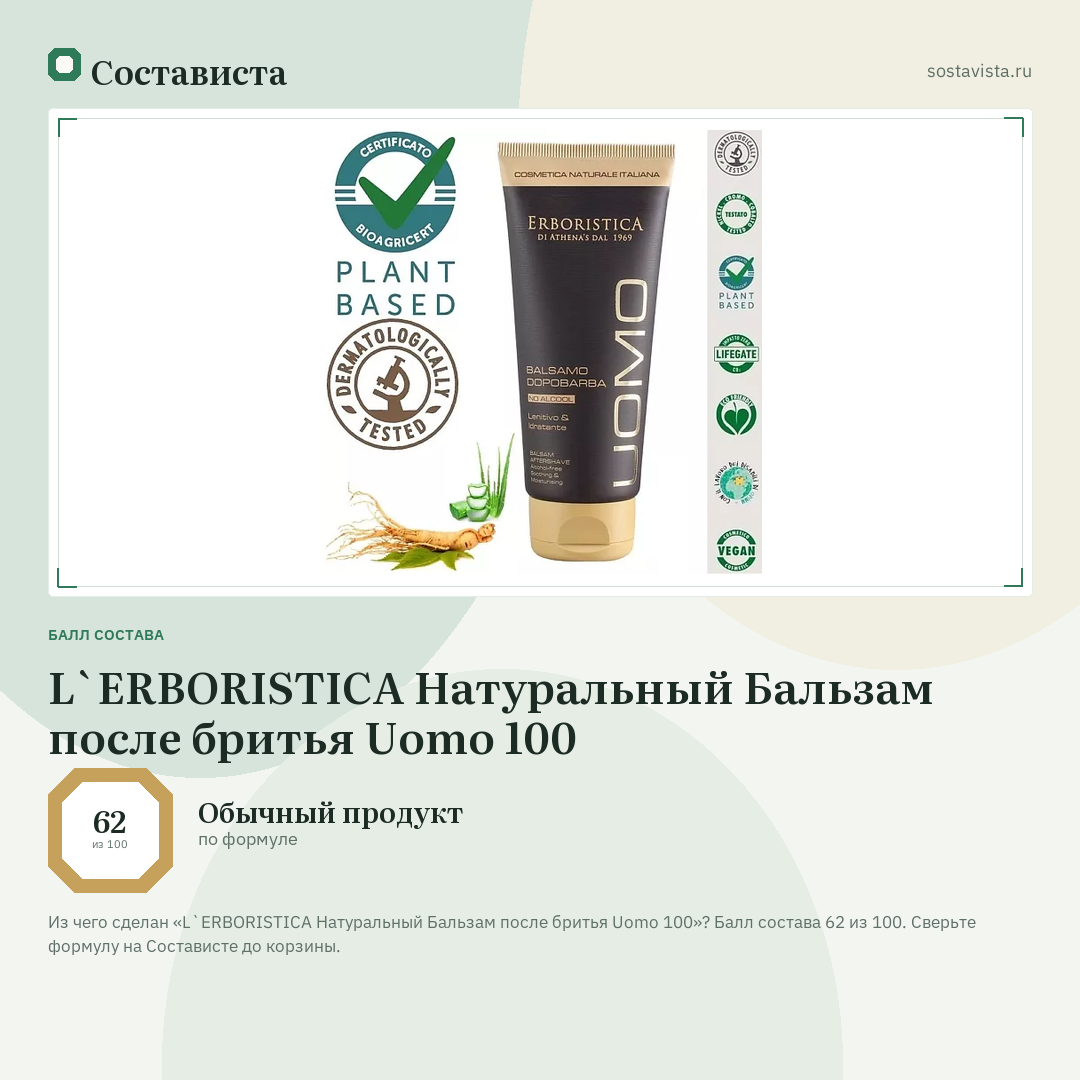 L`ERBORISTICA Натуральный Бальзам после бритья Uomo 100: балл состава 62 из 100 — Состависта