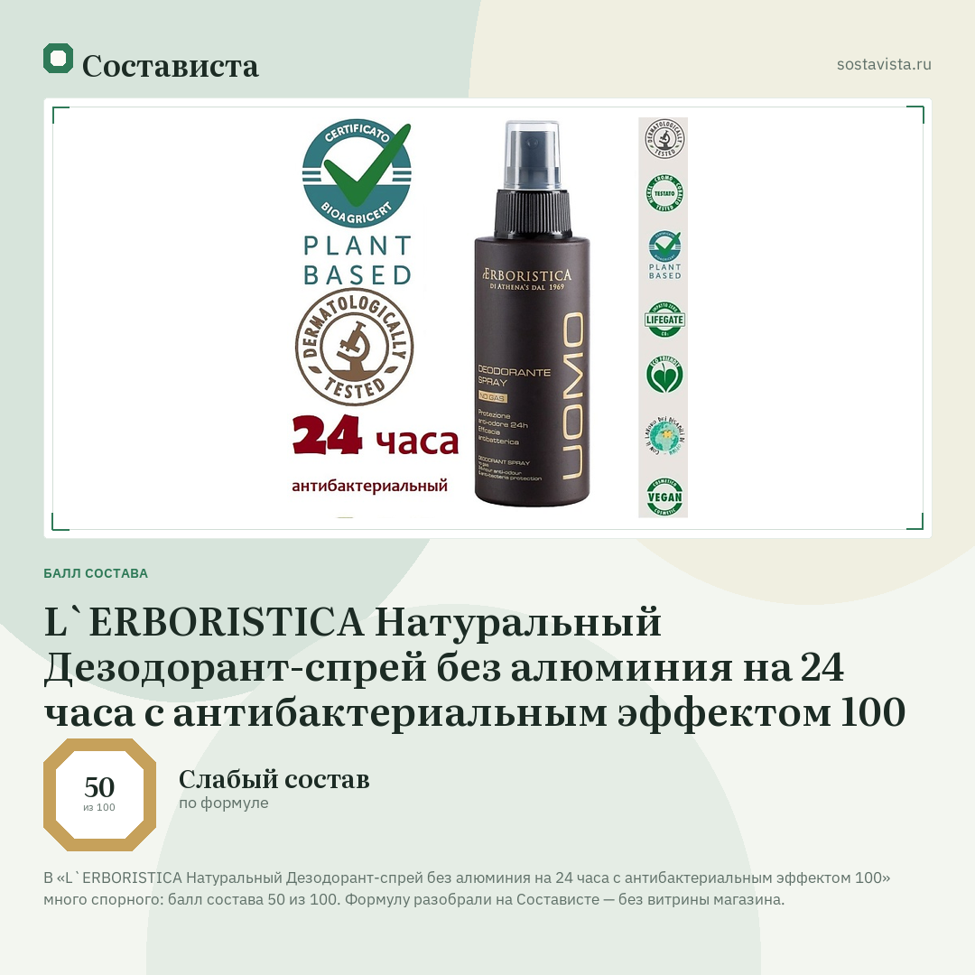 L`ERBORISTICA Натуральный Дезодорант-спрей без алюминия на 24 часа с антибактериальным эффектом 100: балл состава 50 из 100 — Состависта