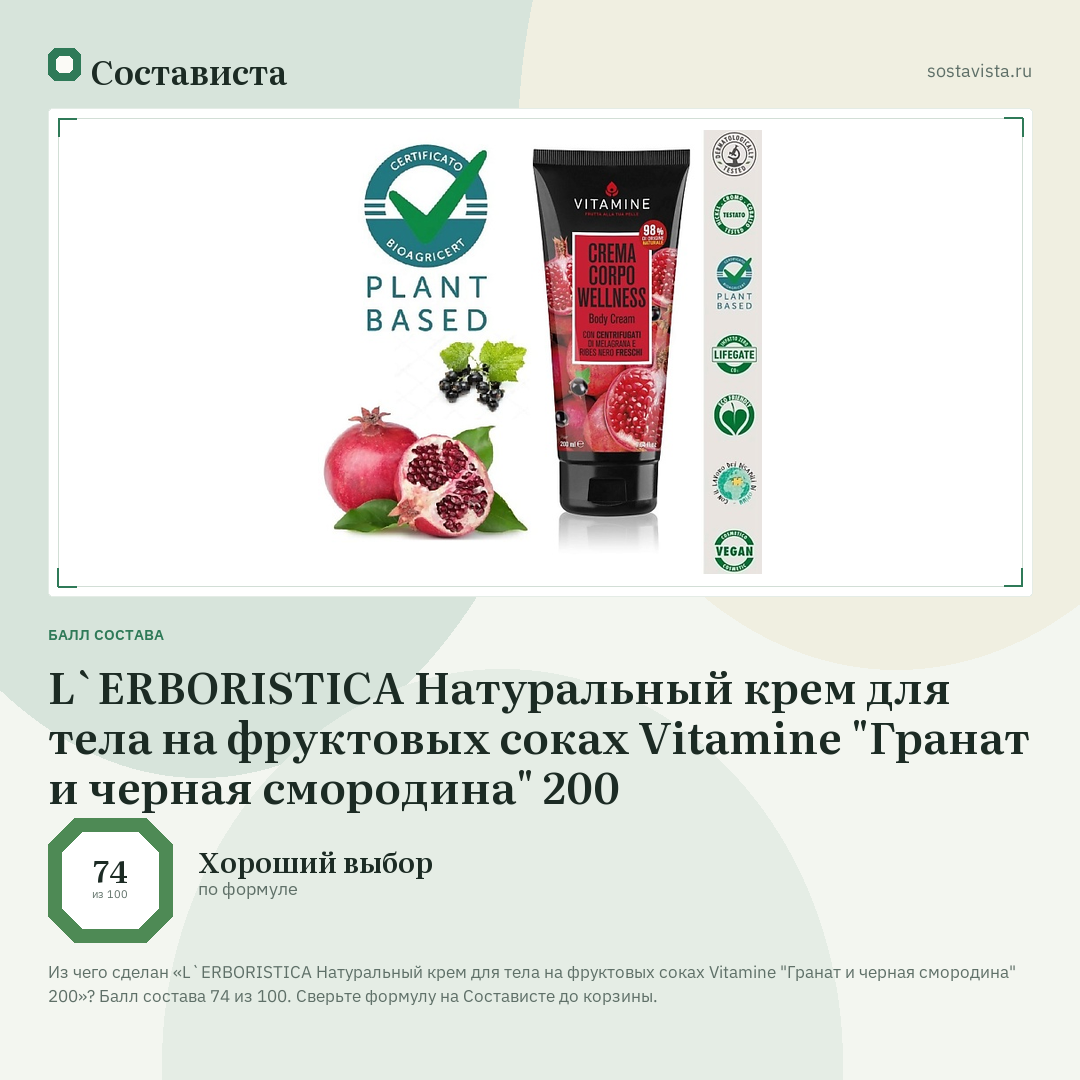 L`ERBORISTICA Натуральный крем для тела на фруктовых соках Vitamine "Гранат и черная смородина" 200: балл состава 74 из 100 — Состависта