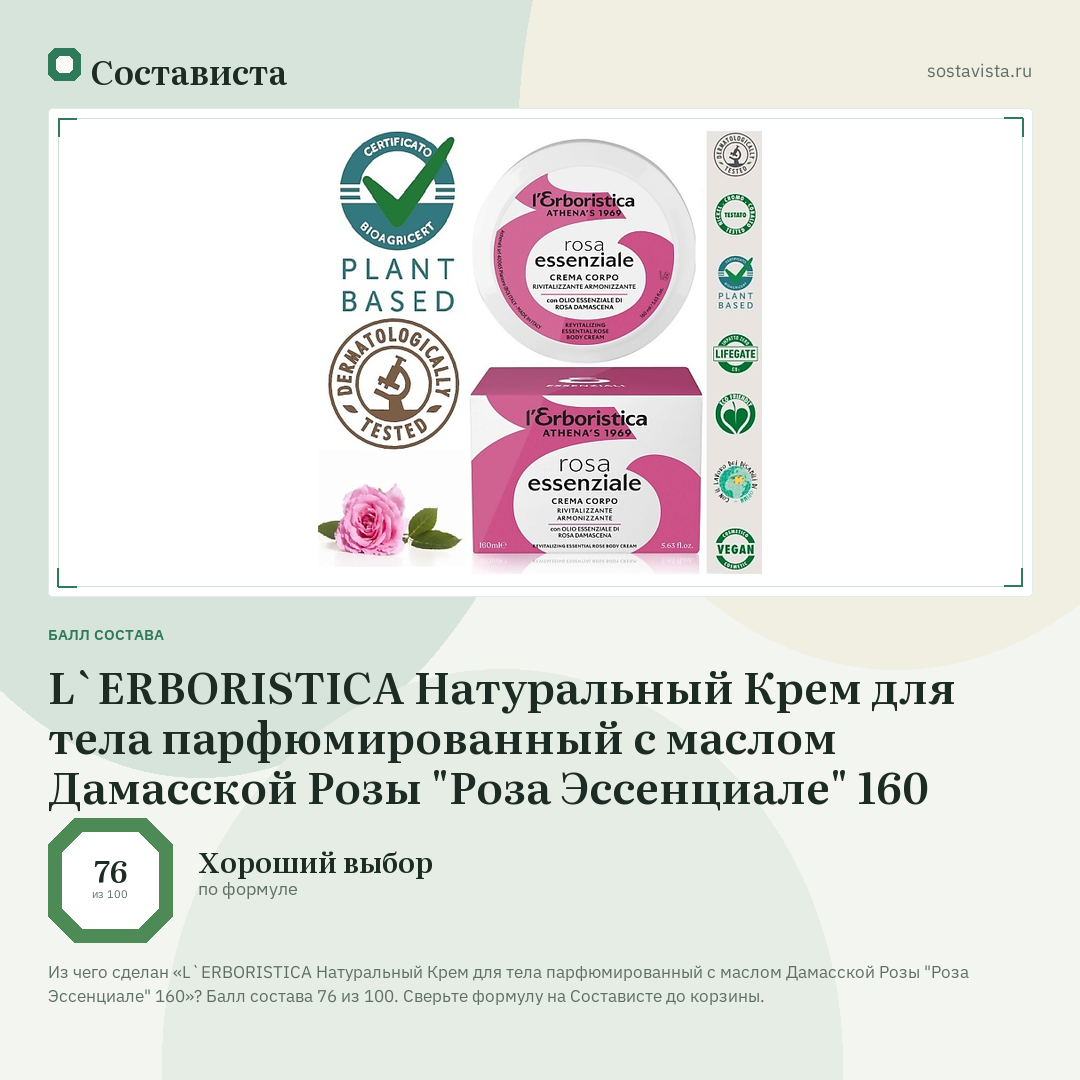 L`ERBORISTICA Натуральный Крем для тела парфюмированный с маслом Дамасской Розы "Роза Эссенциале" 160: балл состава 76 из 100 — Состависта