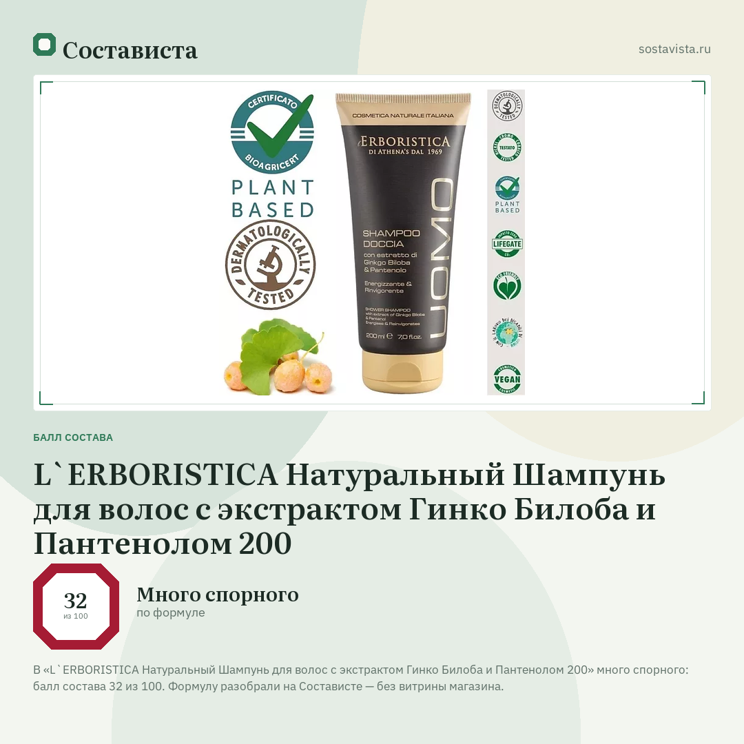 L`ERBORISTICA Натуральный Шампунь для волос с экстрактом Гинко Билоба и Пантенолом 200: балл состава 32 из 100 — Состависта
