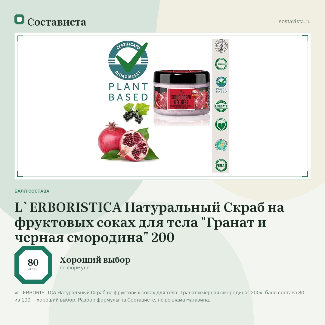 L`ERBORISTICA Натуральный Скраб на фруктовых соках для тела "Гранат и черная смородина" 200: балл состава 80 из 100 — Состависта
