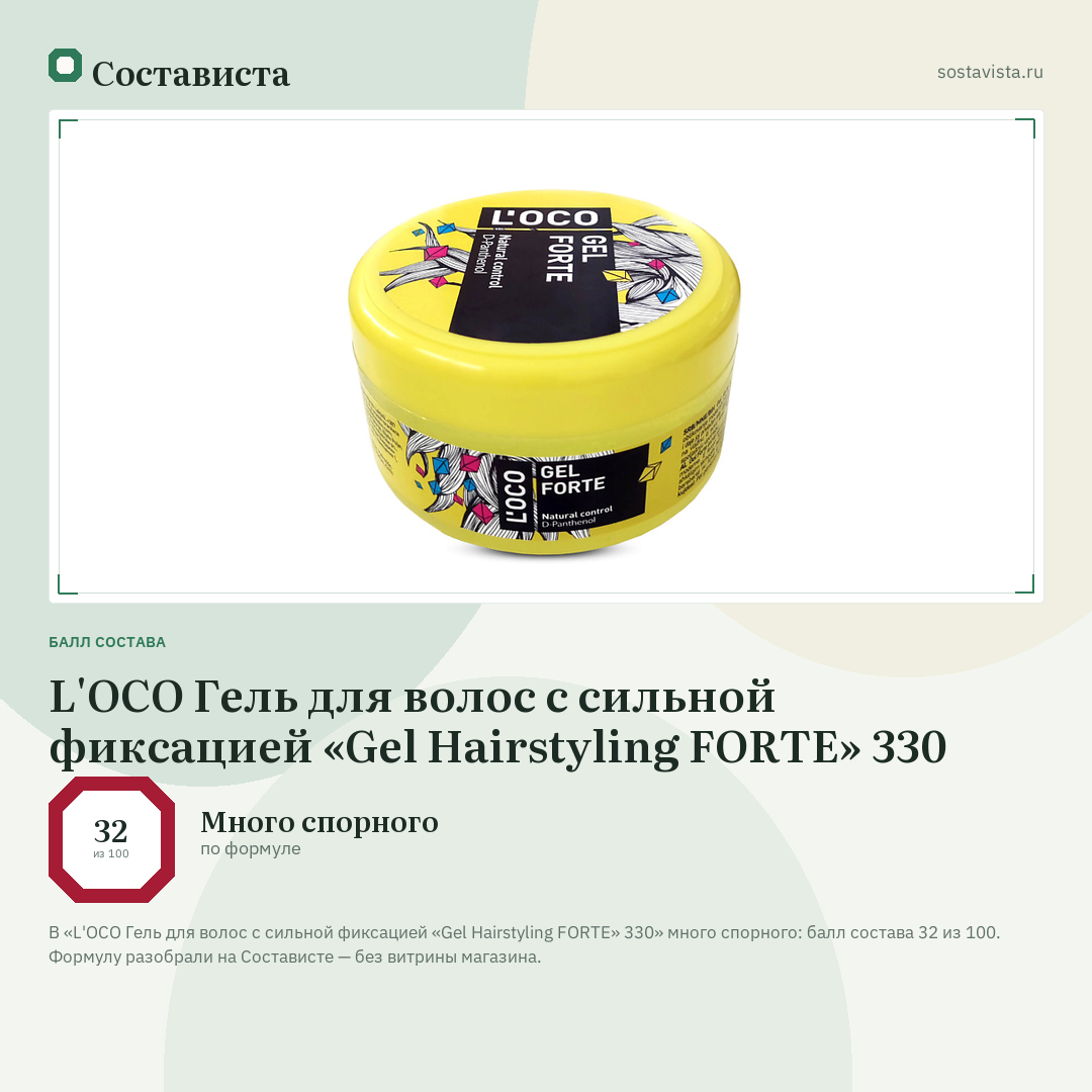 L'OCO Гель для волос с сильной фиксацией «Gel Hairstyling FORTE» 330: балл состава 32 из 100 — Состависта