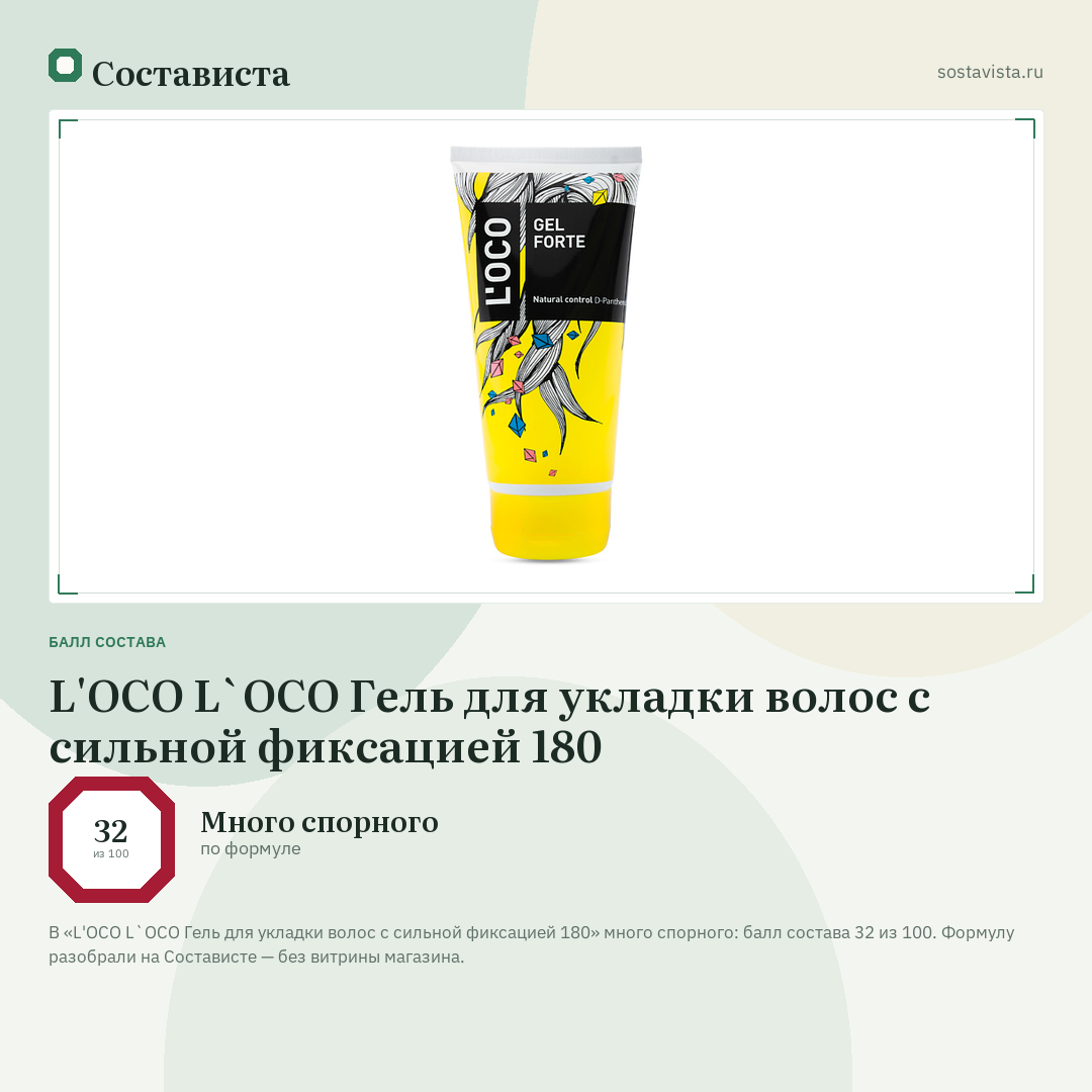 L'OCO L`OCO Гель для укладки волос с сильной фиксацией 180: балл состава 32 из 100 — Состависта