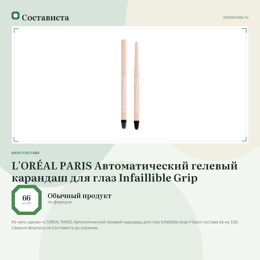 L'ORÉAL PARIS Автоматический гелевый карандаш для глаз Infaillible Grip: балл состава 66 из 100 — Состависта